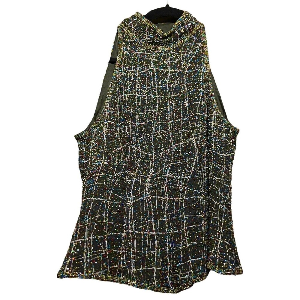Papell Boutique Large Silk Beaded Top Mock neck Sleeveless Black Colorful VTG